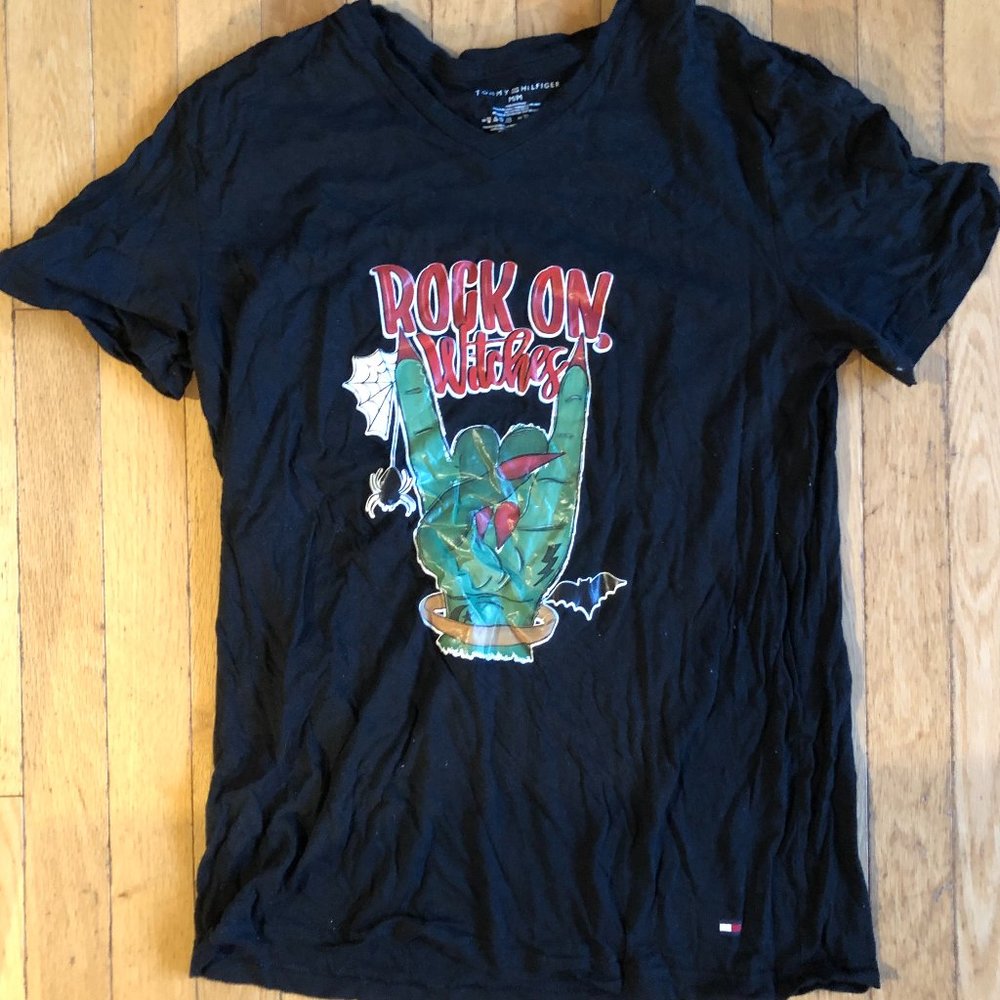 Women's Tommy HIlfiger Black V-Neck T-Shirt, "Rock On, Witches"